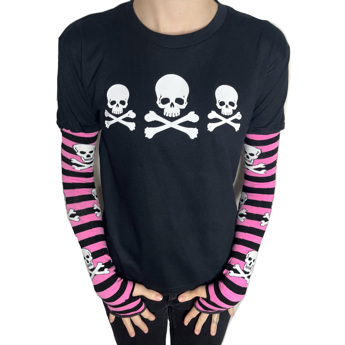 Gothic Pink & Black Stripe Long Sleeve Skull Top Rhinestone Embellished