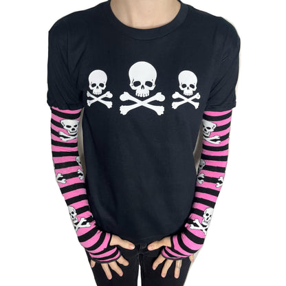 Gothic Pink & Black Stripe Long Sleeve Skull Top Rhinestone Embellished