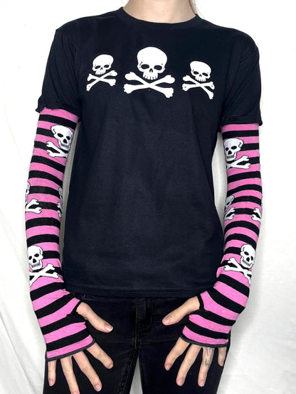 Gothic Pink & Black Stripe Long Sleeve Skull Top Rhinestone Embellished