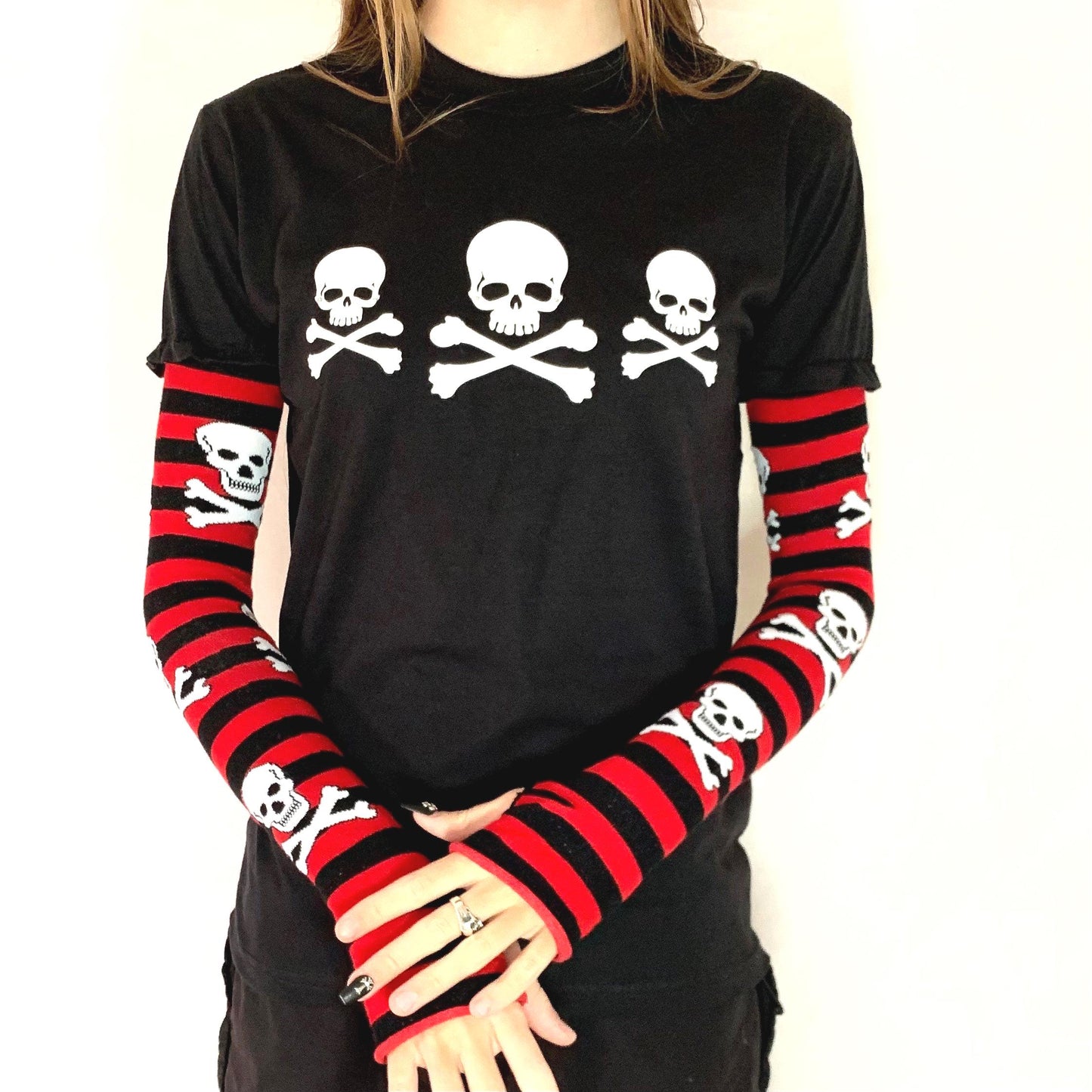Front View: Red & Black Stripe Long Sleeve Skull Top