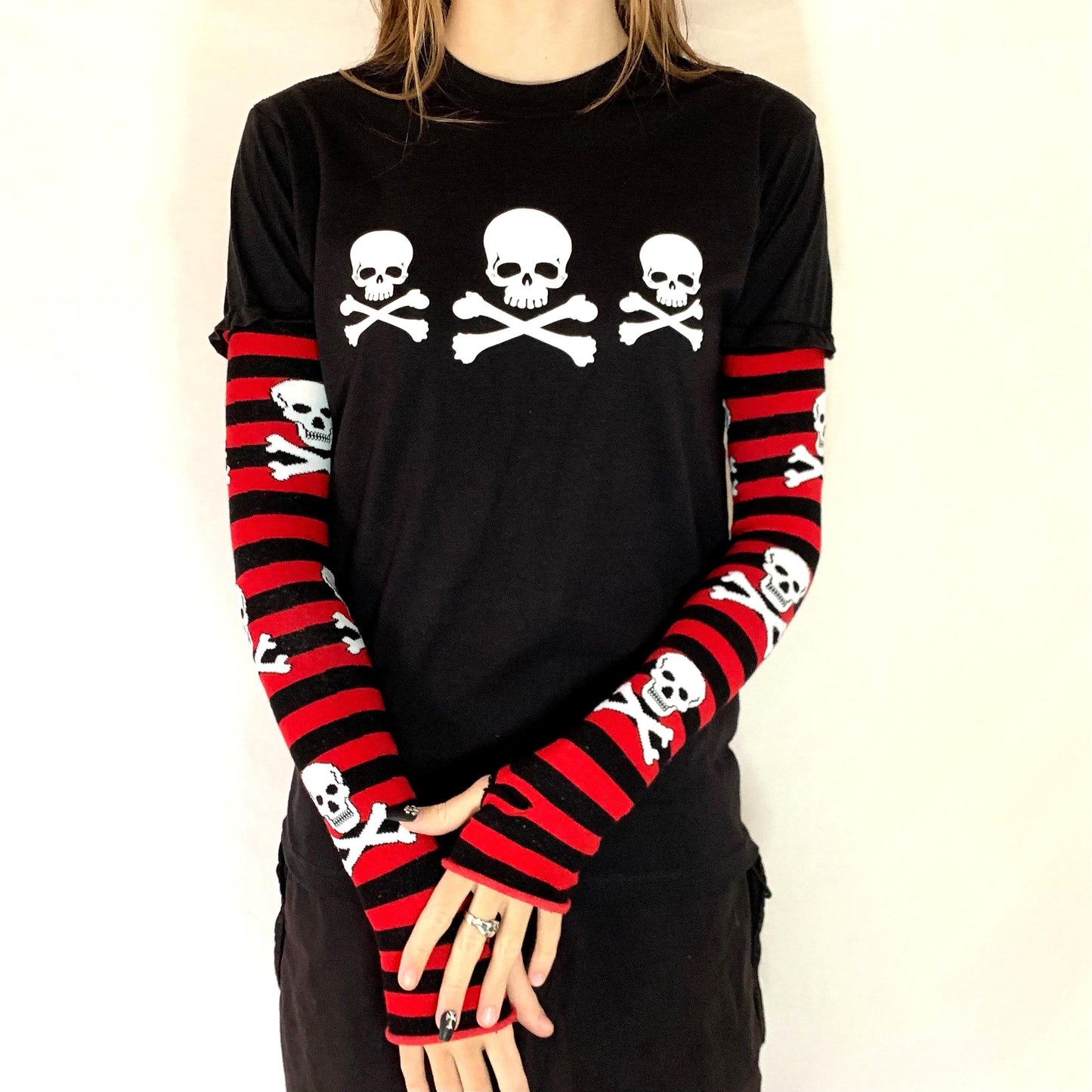 Gothic Pink & Black Stripe Long Sleeve Skull Top Rhinestone Embellished