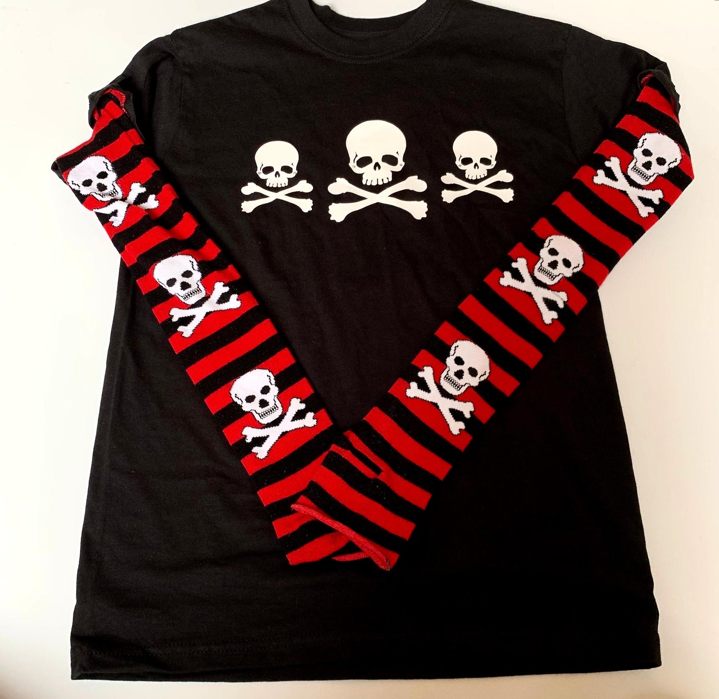Gothic Pink & Black Stripe Long Sleeve Skull Top Rhinestone Embellished