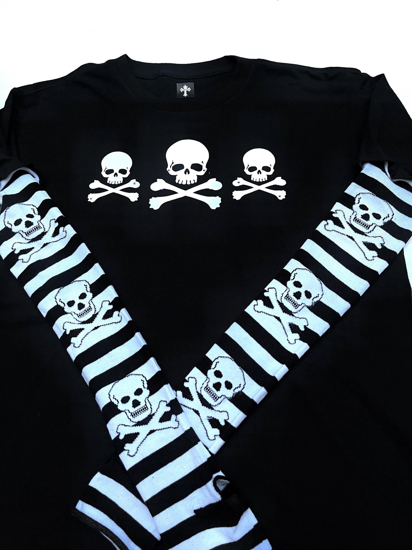 Gothic Red & Black Stripe Long Sleeve Skull Top Rhinestone Embellished