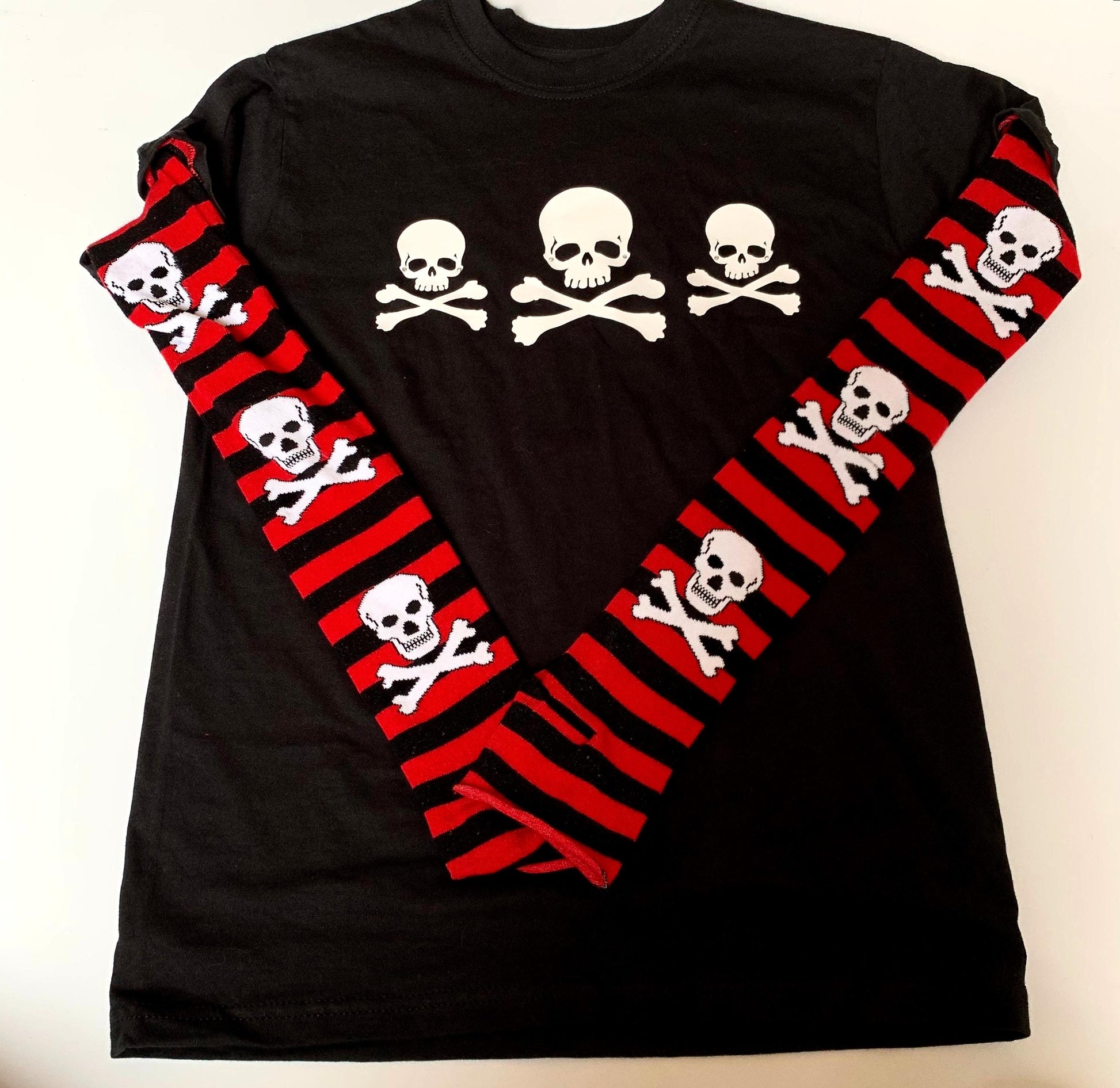 Gothic Red & Black Stripe Long Sleeve Skull Top Rhinestone Embellished