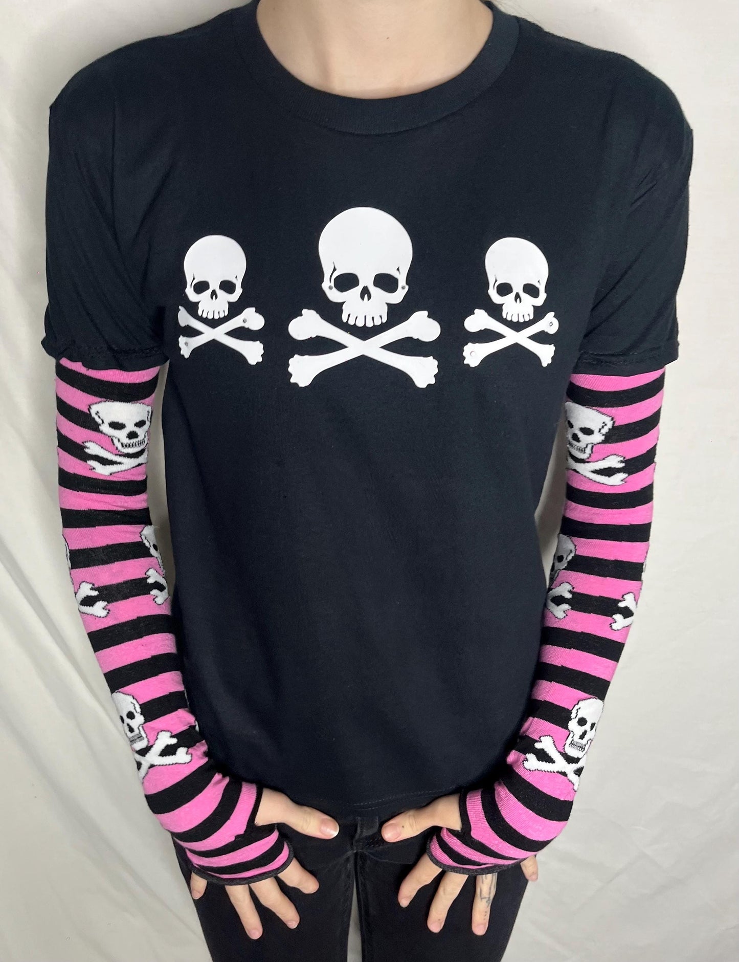 Gothic Red & Black Stripe Long Sleeve Skull Top Rhinestone Embellished