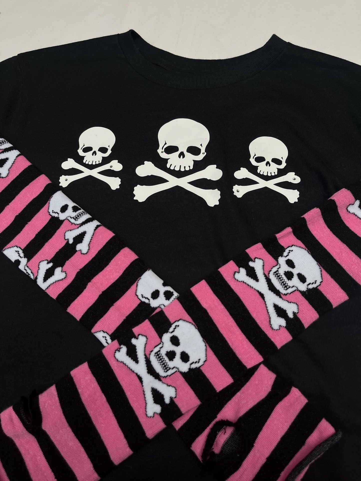 Gothic Red & Black Stripe Long Sleeve Skull Top Rhinestone Embellished