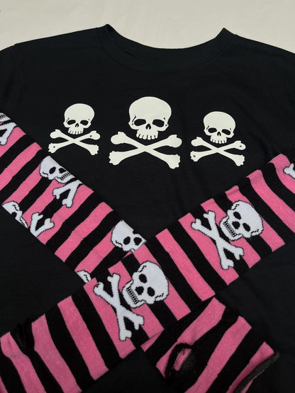 Gothic Red & Black Stripe Long Sleeve Skull Top Rhinestone Embellished