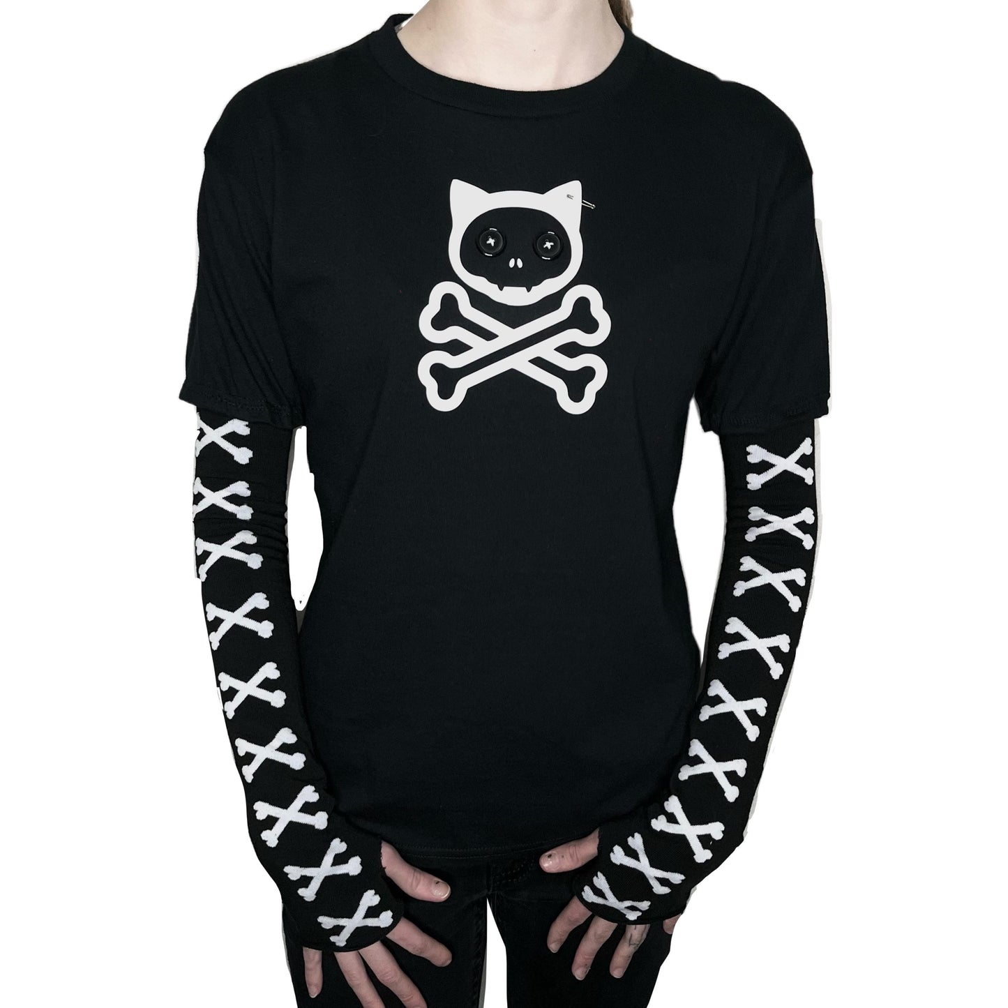 Grunge Skull Cross Bones Cat - Black & White Cross Bone Sleeves