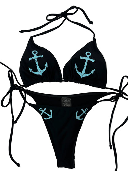 Aquamarine Anchor String Black Bikini Bottoms
