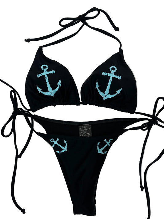 Y2K Black Aquamarine Anchor String Bikini Set