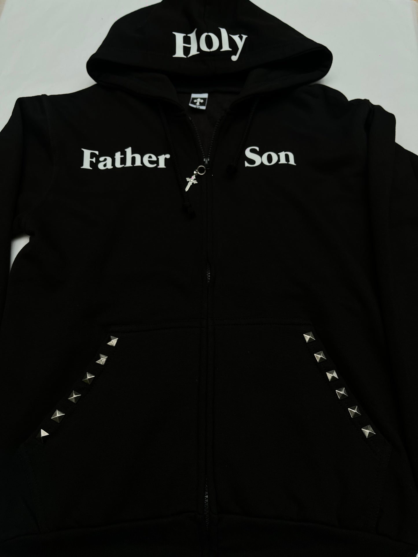 Black grunge father son hoodie with white text on a white background