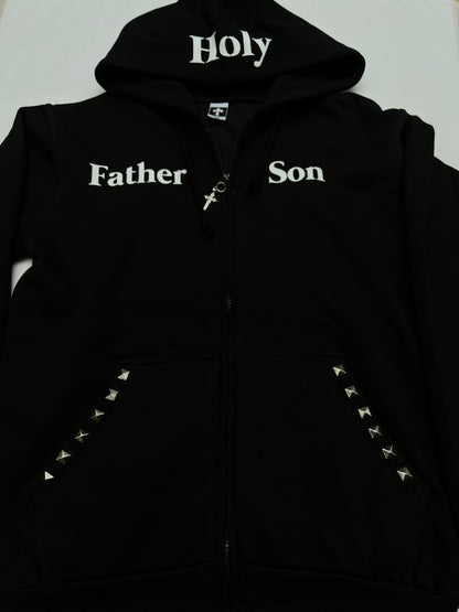Black grunge father son hoodie with white text on a white background
