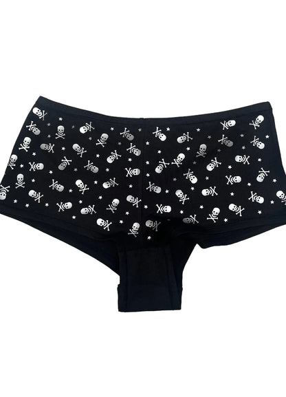 Black Low Rise Booty Shorts Silver All Over Star & Skull Design