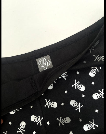 Black Low Rise Booty Shorts Silver All Over Star & Skull Design