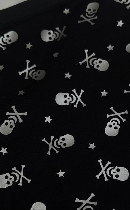Black Low Rise Booty Shorts Silver All Over Star & Skull Design