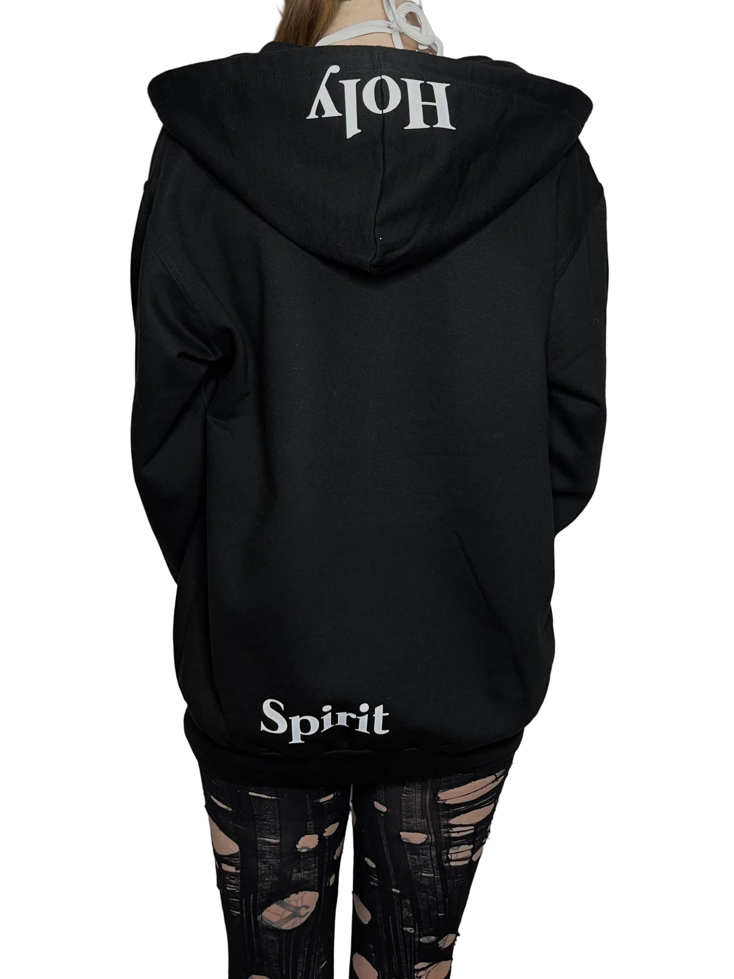 Black hoodie with 'Holy Spirit' text on the back, worn by a person against a plain background.