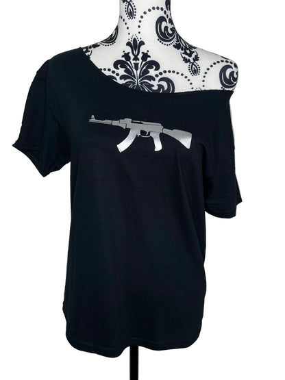 AK-47 Rifle Graphic Off Shoulder Top Black Gothic Grunge Tee