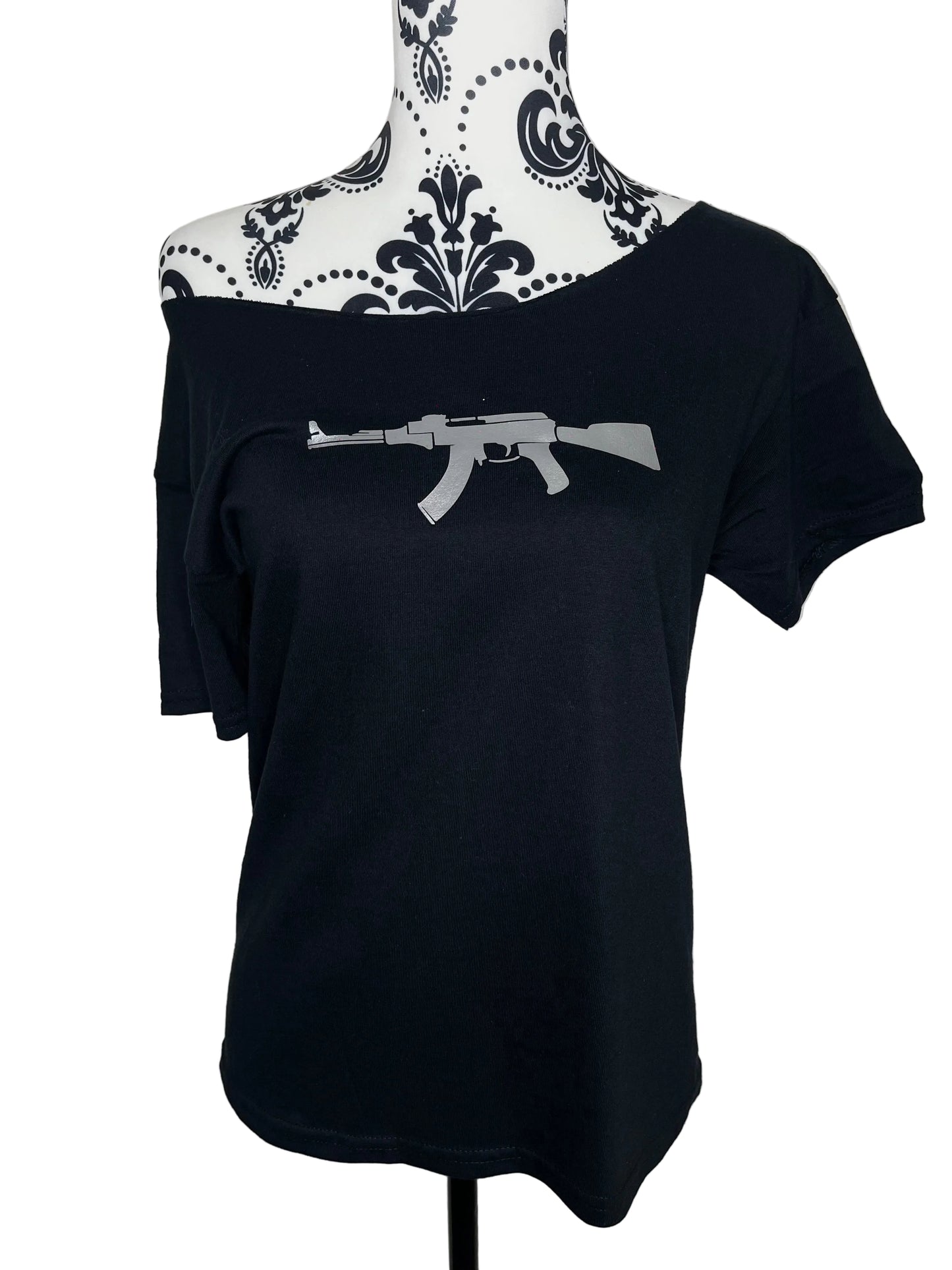 AK-47 Rifle Graphic Off Shoulder Top Black Gothic Grunge Tee