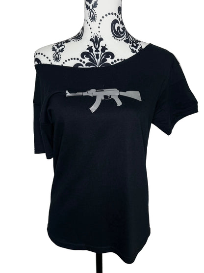AK-47 Rifle Graphic Off Shoulder Top Black Gothic Grunge Tee