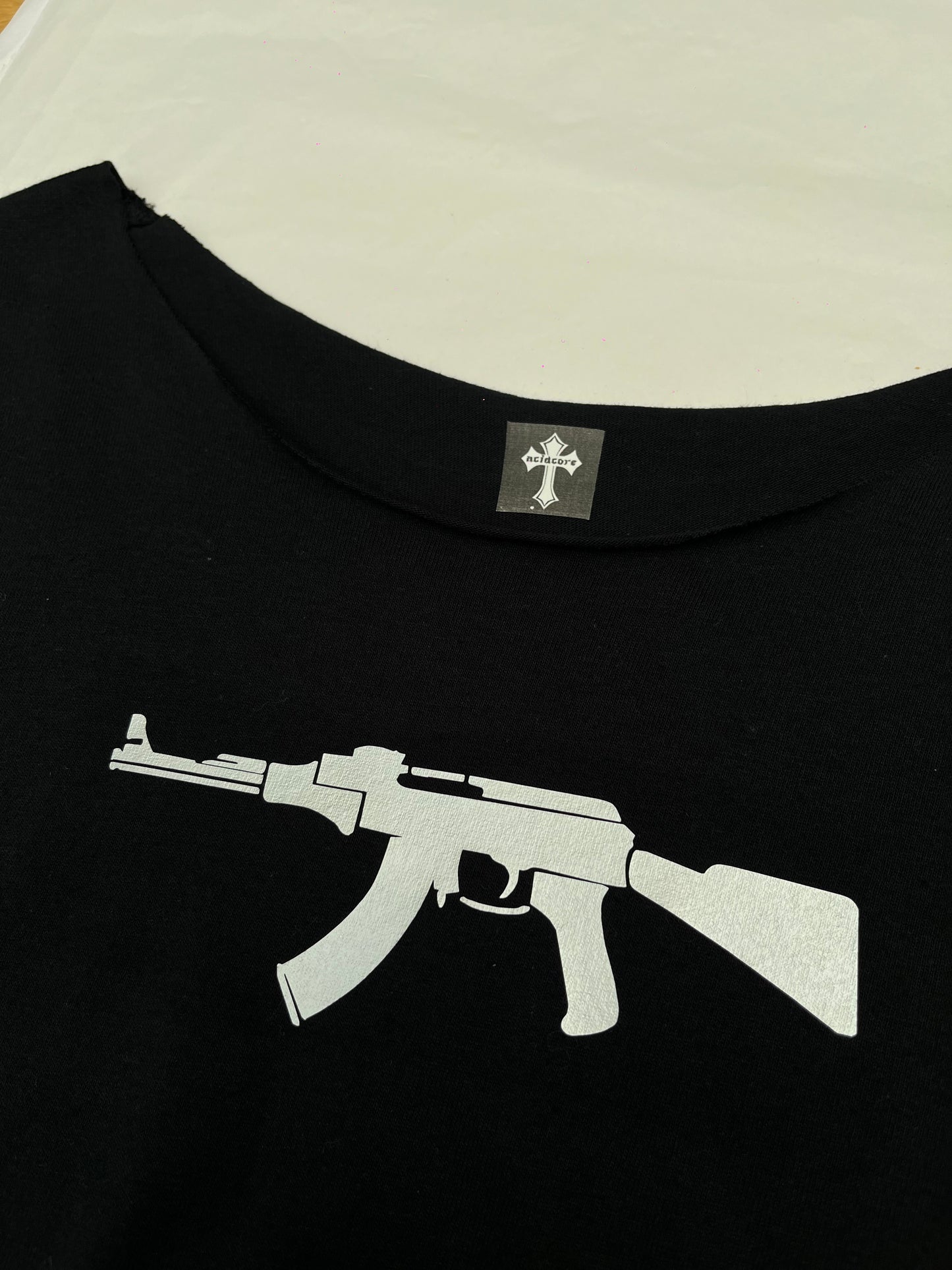 AK-47 Rifle Graphic Off Shoulder Top Black Gothic Grunge Tee