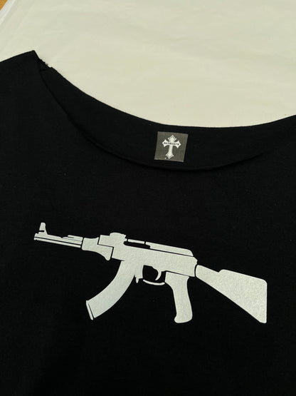 AK-47 Rifle Graphic Off Shoulder Top Black Gothic Grunge Tee