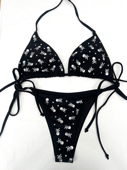 Y2K Silver All Over Skull and Star Black Bikini Set