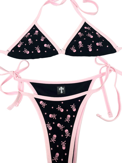 Y2K All Over Skull and Star Black Bikini Pink Trim Swim Set
