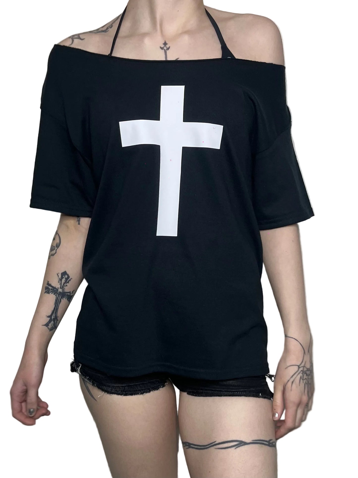 White Cross Black-off-the-shoulder Top