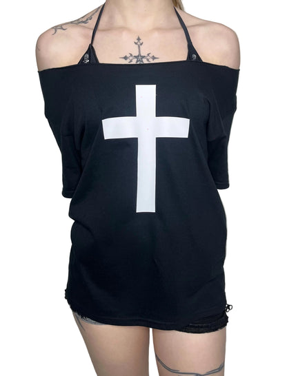 White Cross Black-off-the-shoulder Top