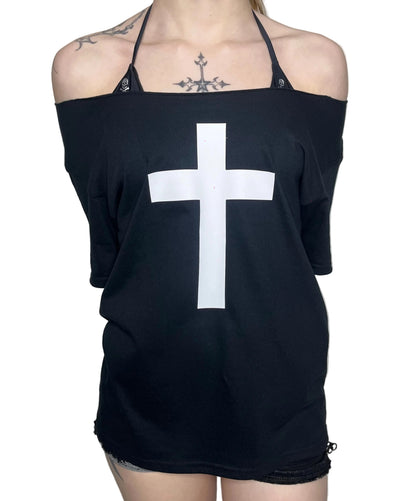 White Cross Black-off-the-shoulder Top