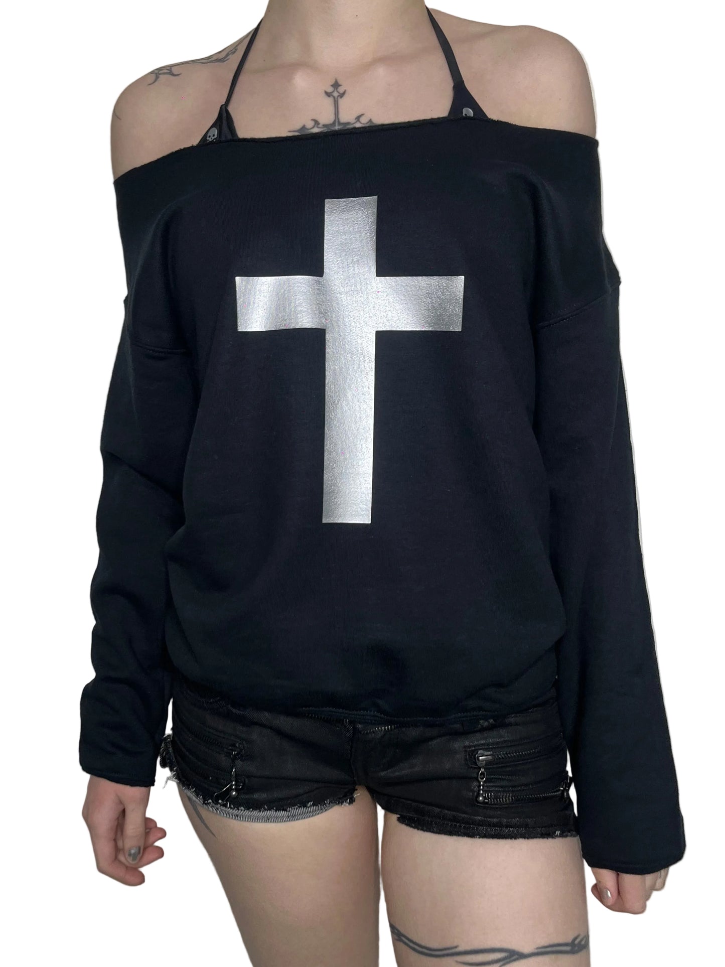 Y2K Gothic Cross Off-Shoulder Sweatshirt