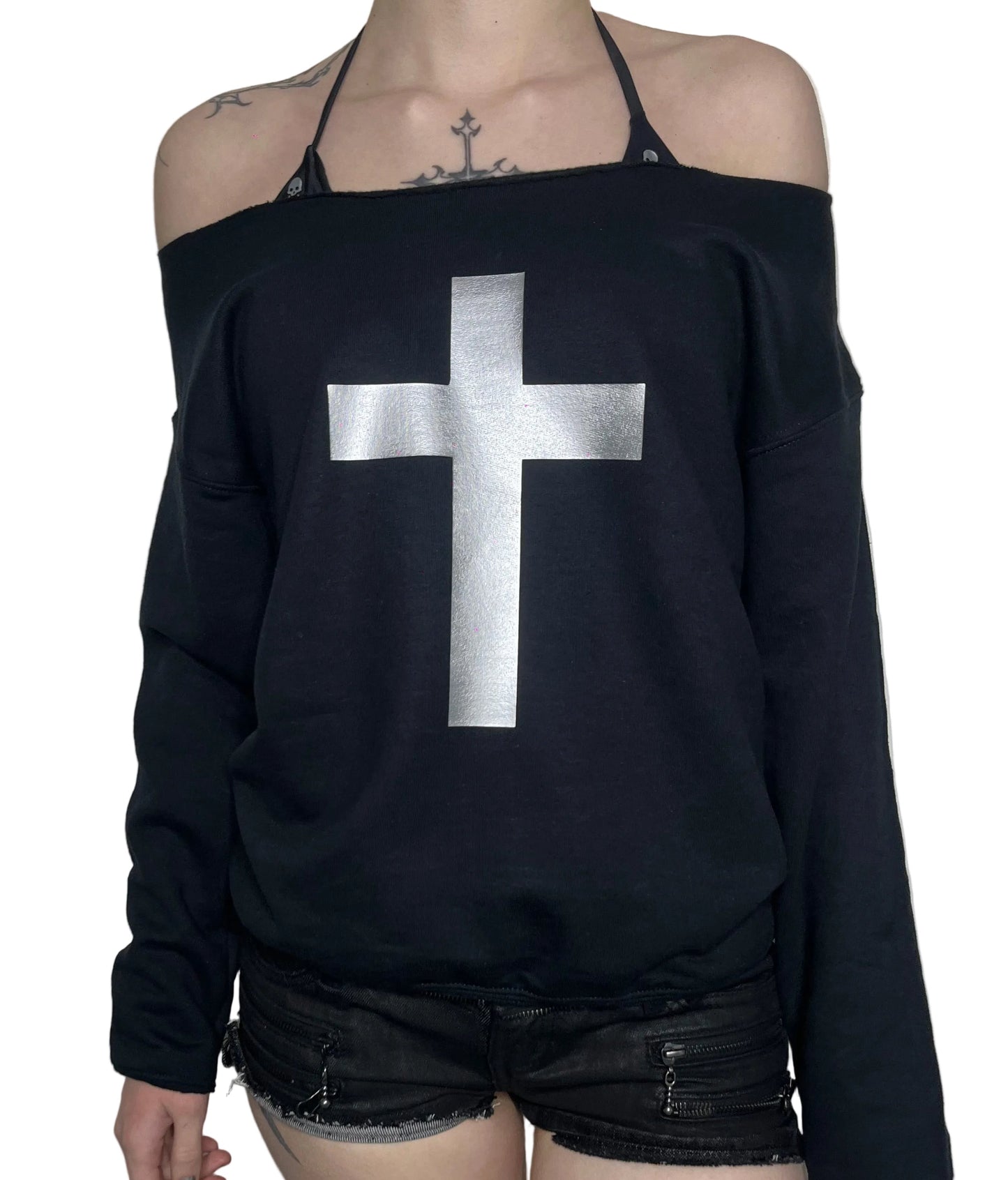 Y2K Gothic Cross Off-Shoulder Sweatshirt