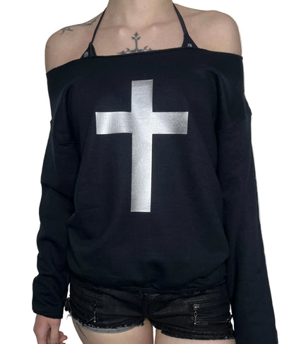 Y2K Gothic Cross Off-Shoulder Sweatshirt