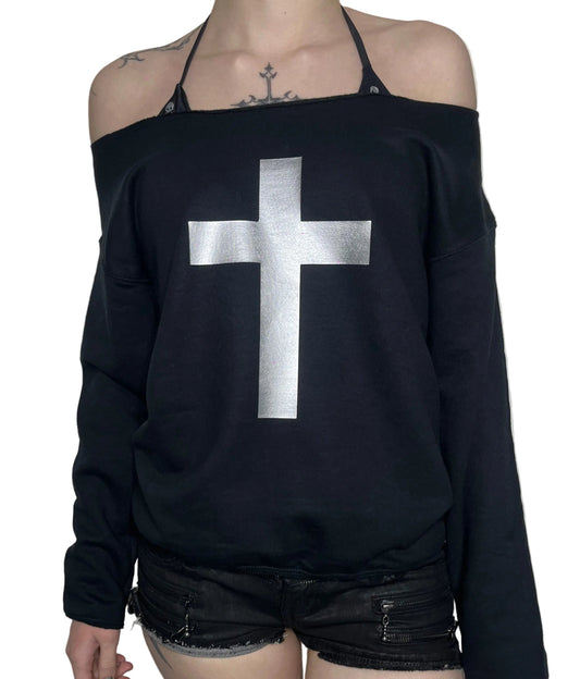 Y2K Gothic Cross Off-Shoulder Sweatshirt