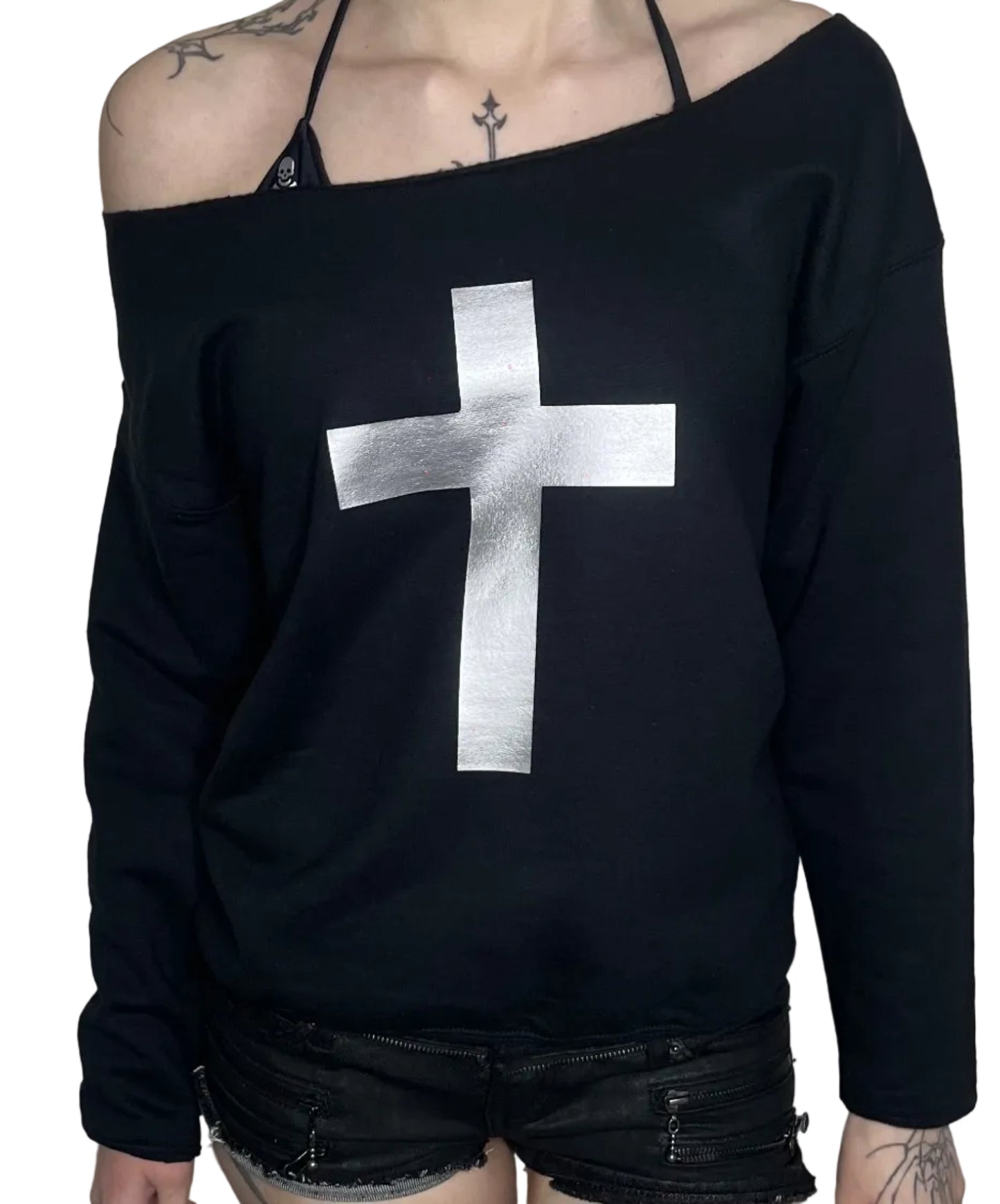 Y2K Gothic Cross Off-Shoulder Sweatshirt