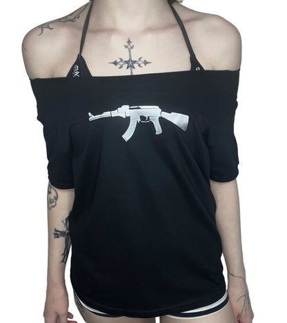 AK-47 Rifle Graphic Off Shoulder Top Black Gothic Grunge Tee