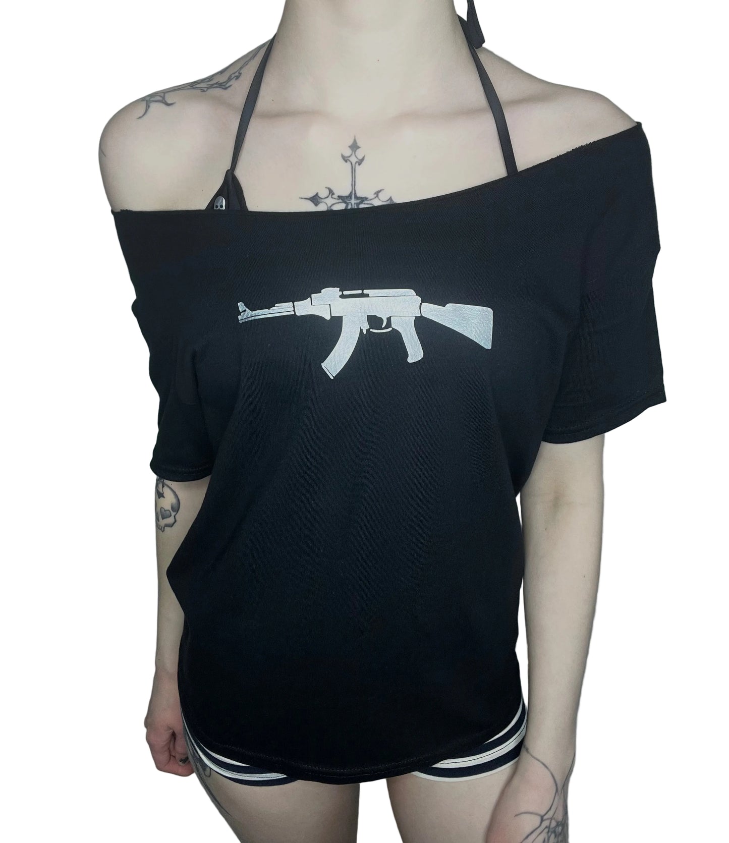 AK-47 Rifle Graphic Off Shoulder Top Black Gothic Grunge Tee