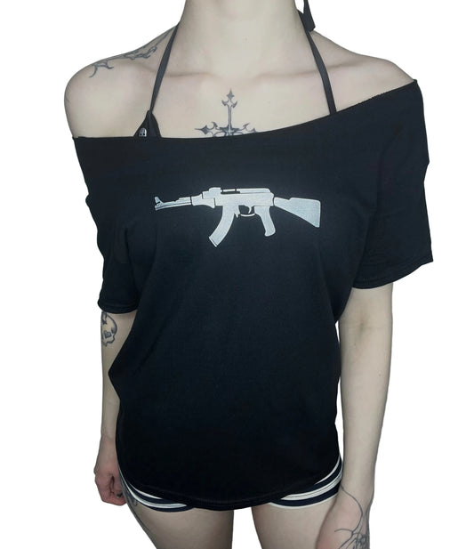 AK-47 Rifle Graphic Off Shoulder Top Black Gothic Grunge Tee