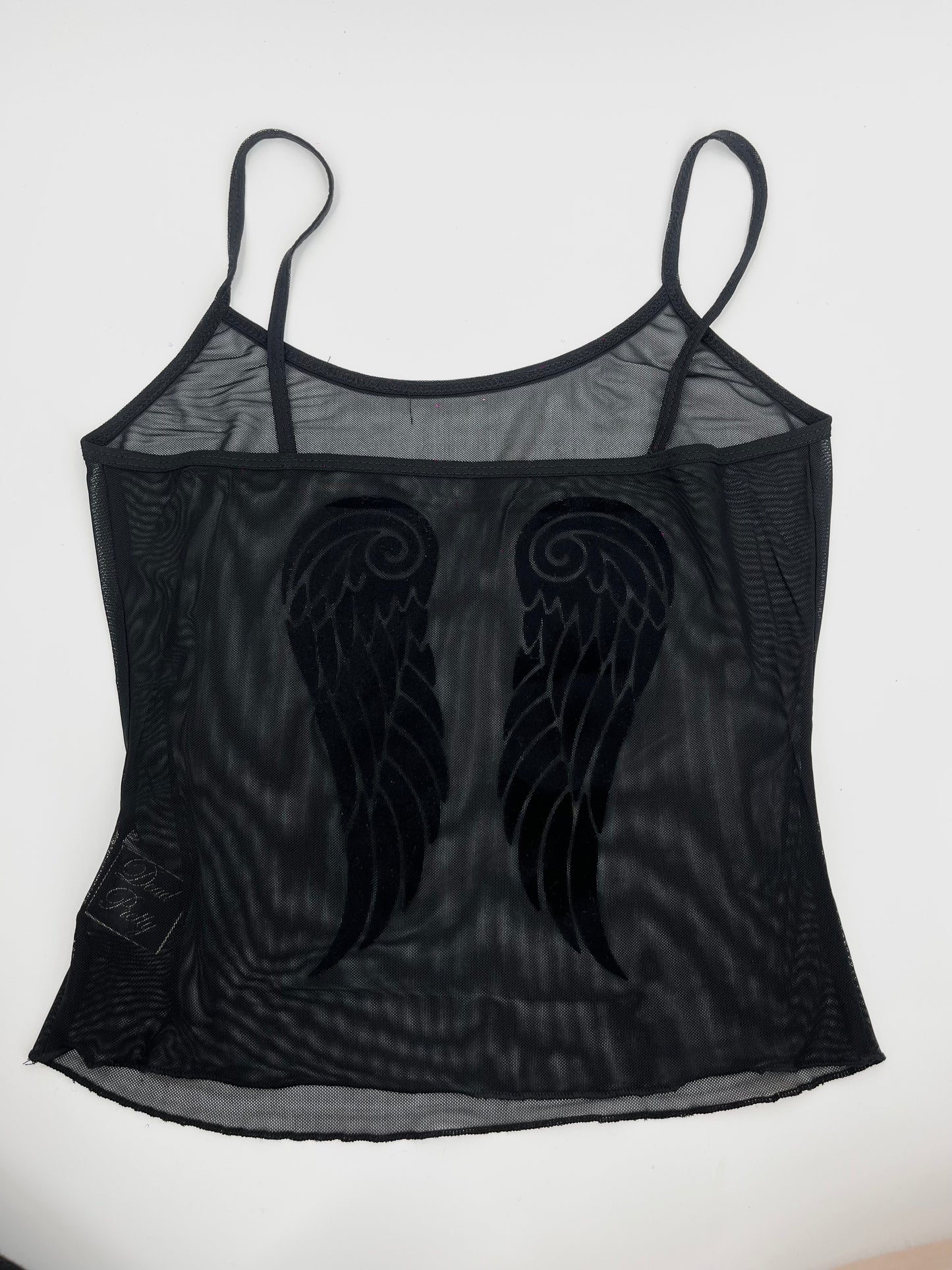 Y2K Black Flocked Sheer Mesh Angel Wings Cami Set Lingerie
