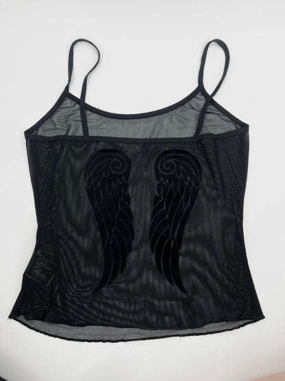 Y2K Black Flocked Sheer Mesh Angel Wings Cami Set Lingerie