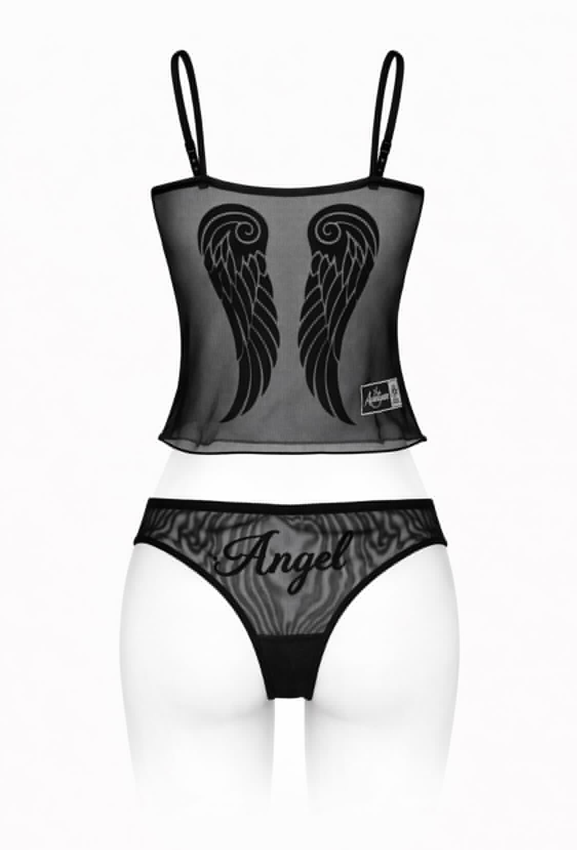Y2K Black Flocked Sheer Mesh Angel Wings Cami Set Lingerie