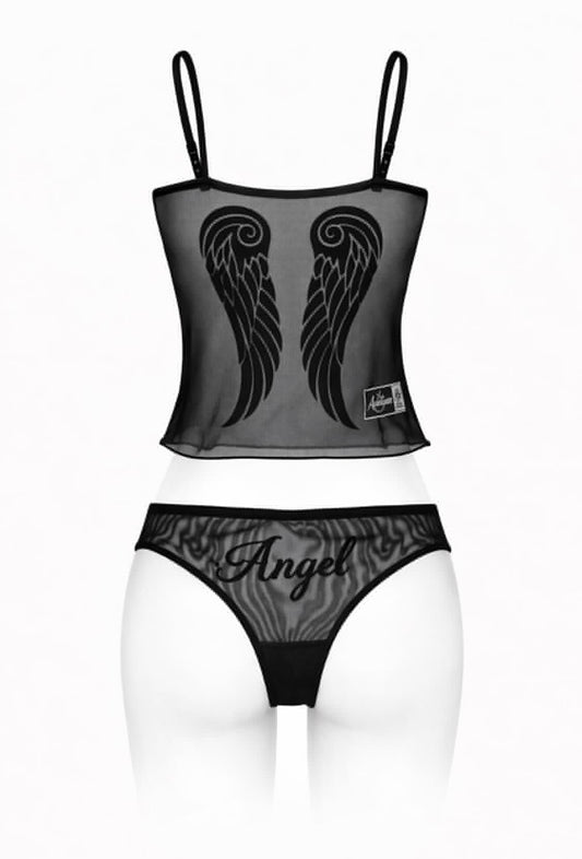 Y2K Black Flocked Sheer Mesh Angel Wings Cami Set Lingerie