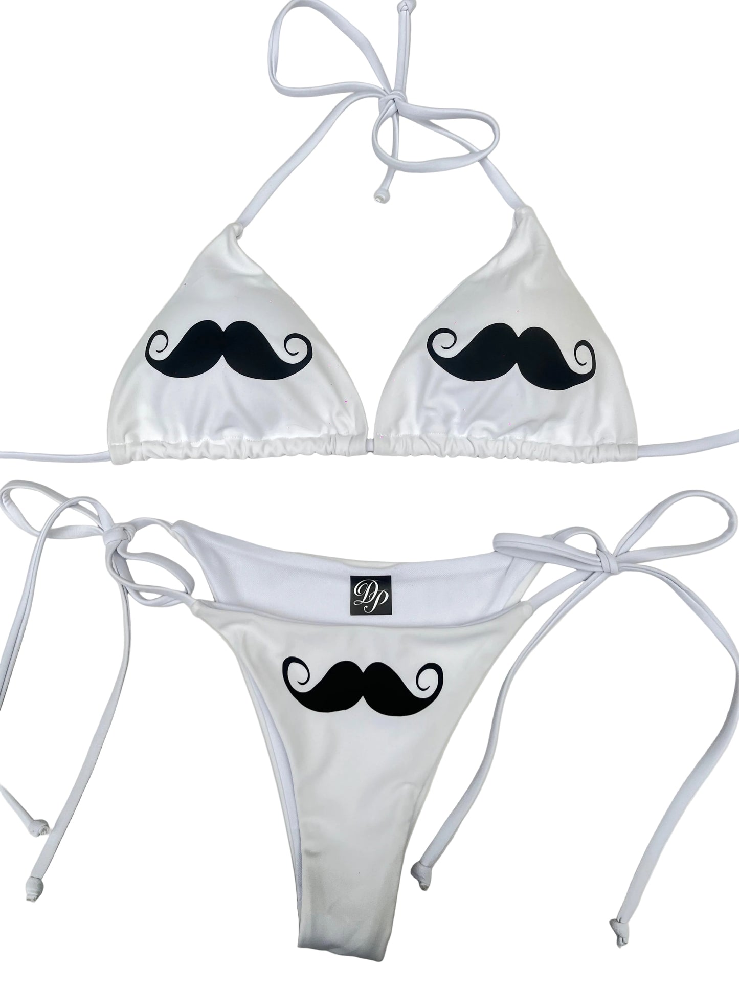 Y2K White bikini set with black mustache designs 