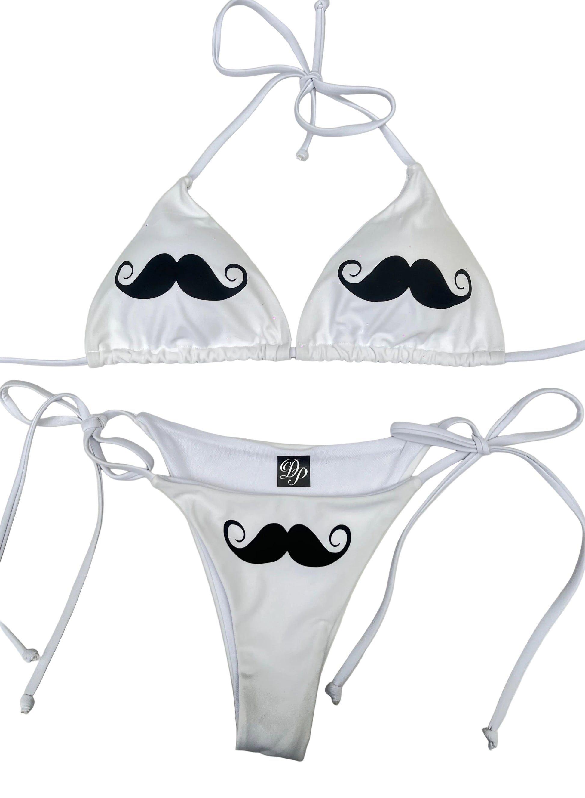 Y2K White bikini set with black mustache designs 