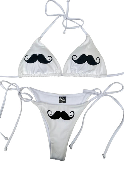 Y2K White bikini set with black mustache designs 