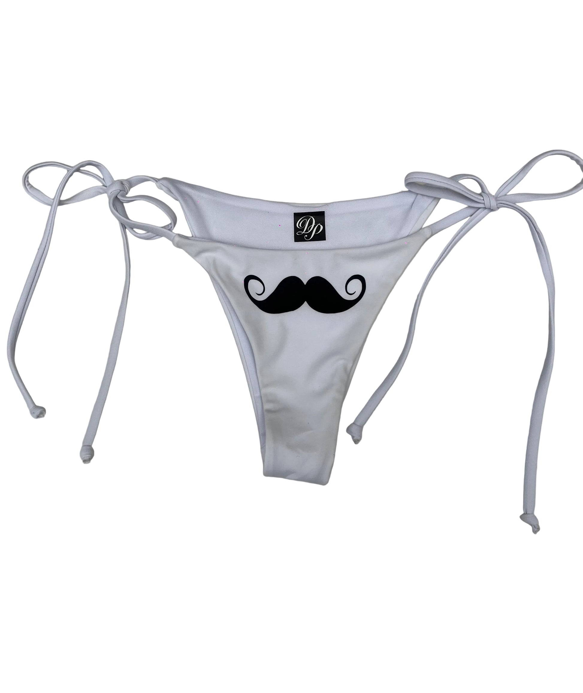 Y2K White bikini bottom with black mustache design 