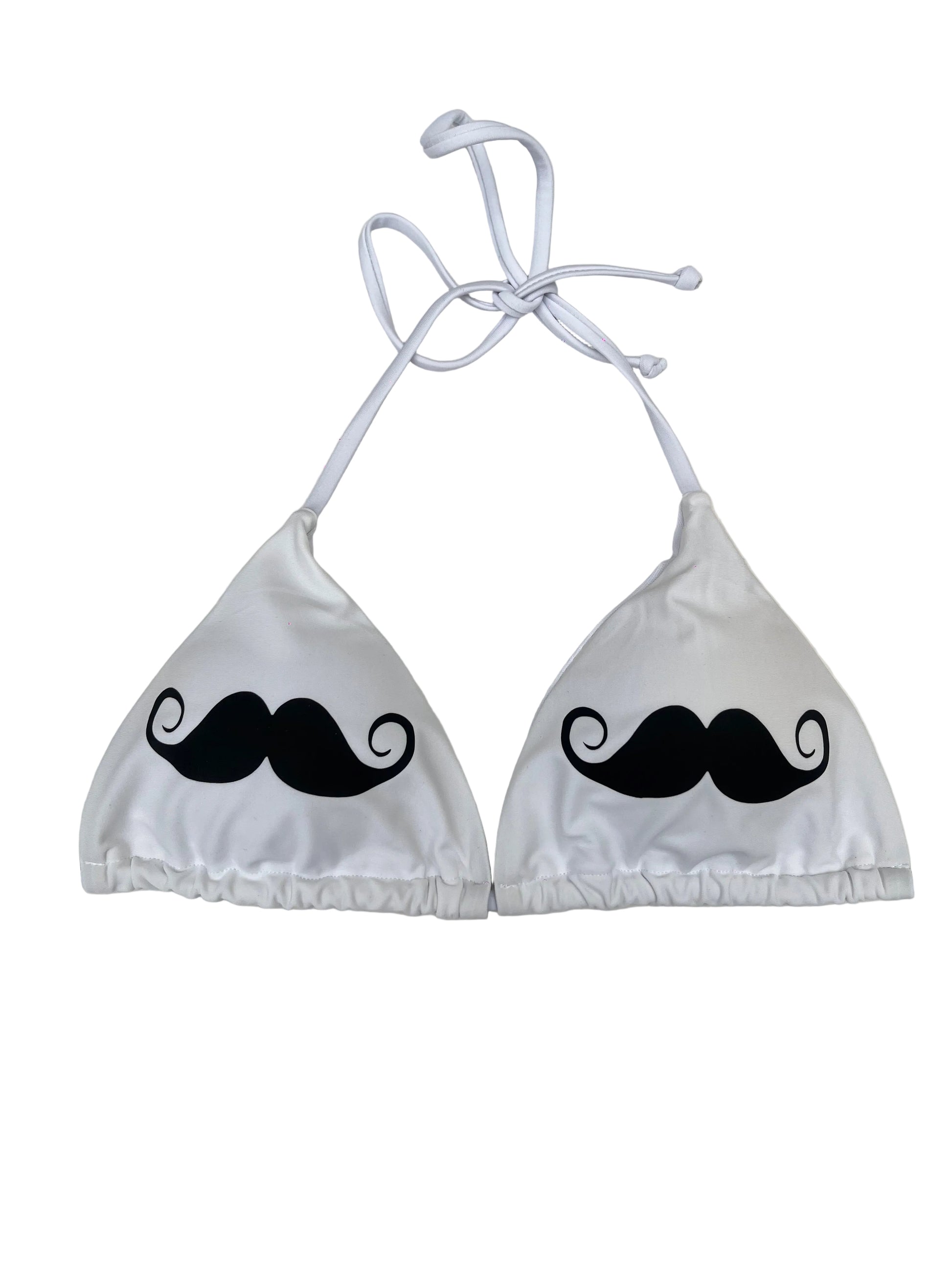 Y2K White bikini top with black mustache design on a white background