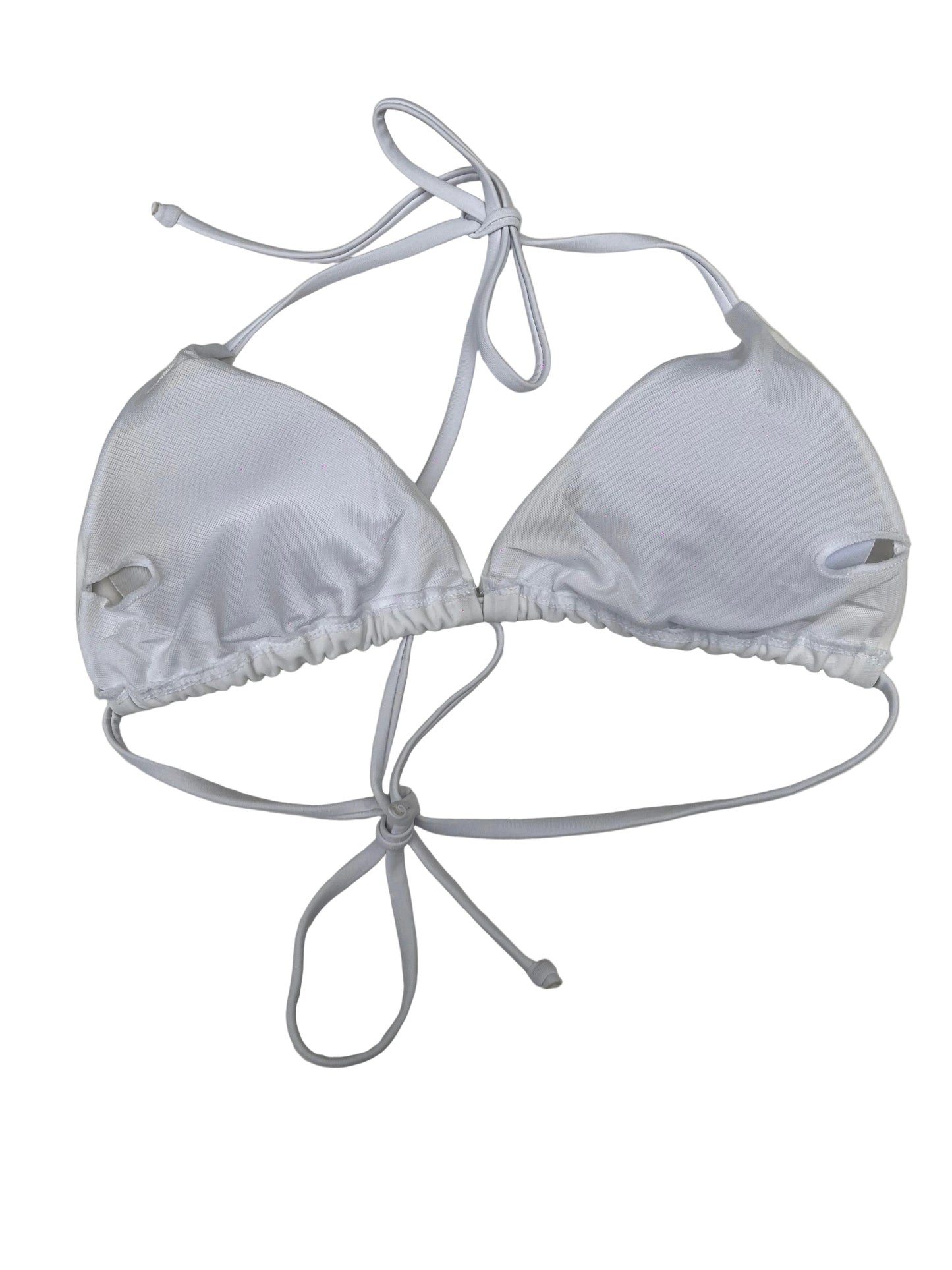 Y2K White bikini top with string ties on a white background
