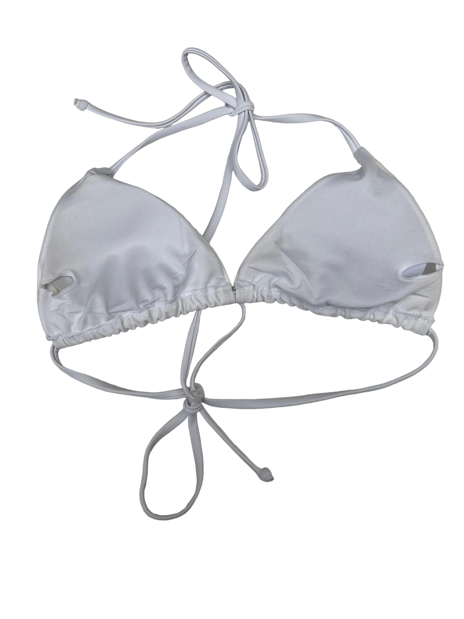 Y2K White bikini top with string ties on a white background
