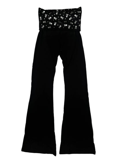 Black Fold Over Silver Skull Yoga Pants
